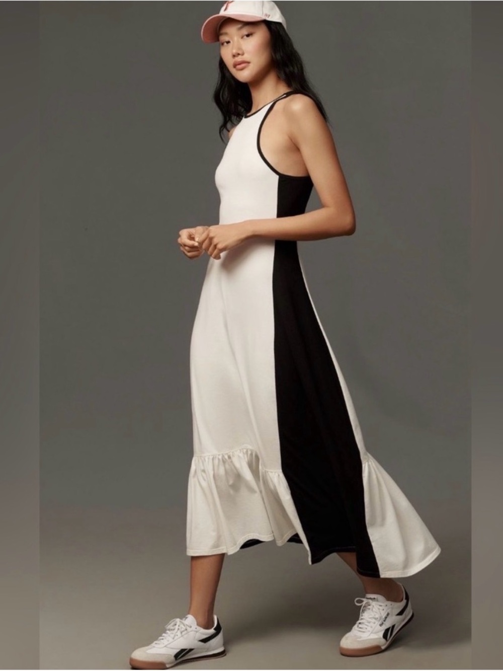 Anthropologie Black & White Panel Ruffle-Hem Midi Dress